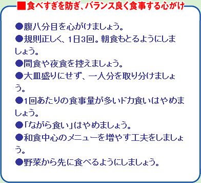 食べすぎを防ぎ、バランス良く食事する心がけ ●腹八分目を心がけましょう。 ●規則正しく、1日3回。朝食もとるようにしましょう。 ●間食や夜食を控えましょう。 ●大皿盛りにせず、一人分を取り分けましょう。 ●1回あたりの食事量が多いドカ食いはやめましょう。 ●「ながら食い」はやめましょう。 ●和食中心のメニューを増やす工夫をしましょう。 ●野菜から先に食べるようにしましょう。 